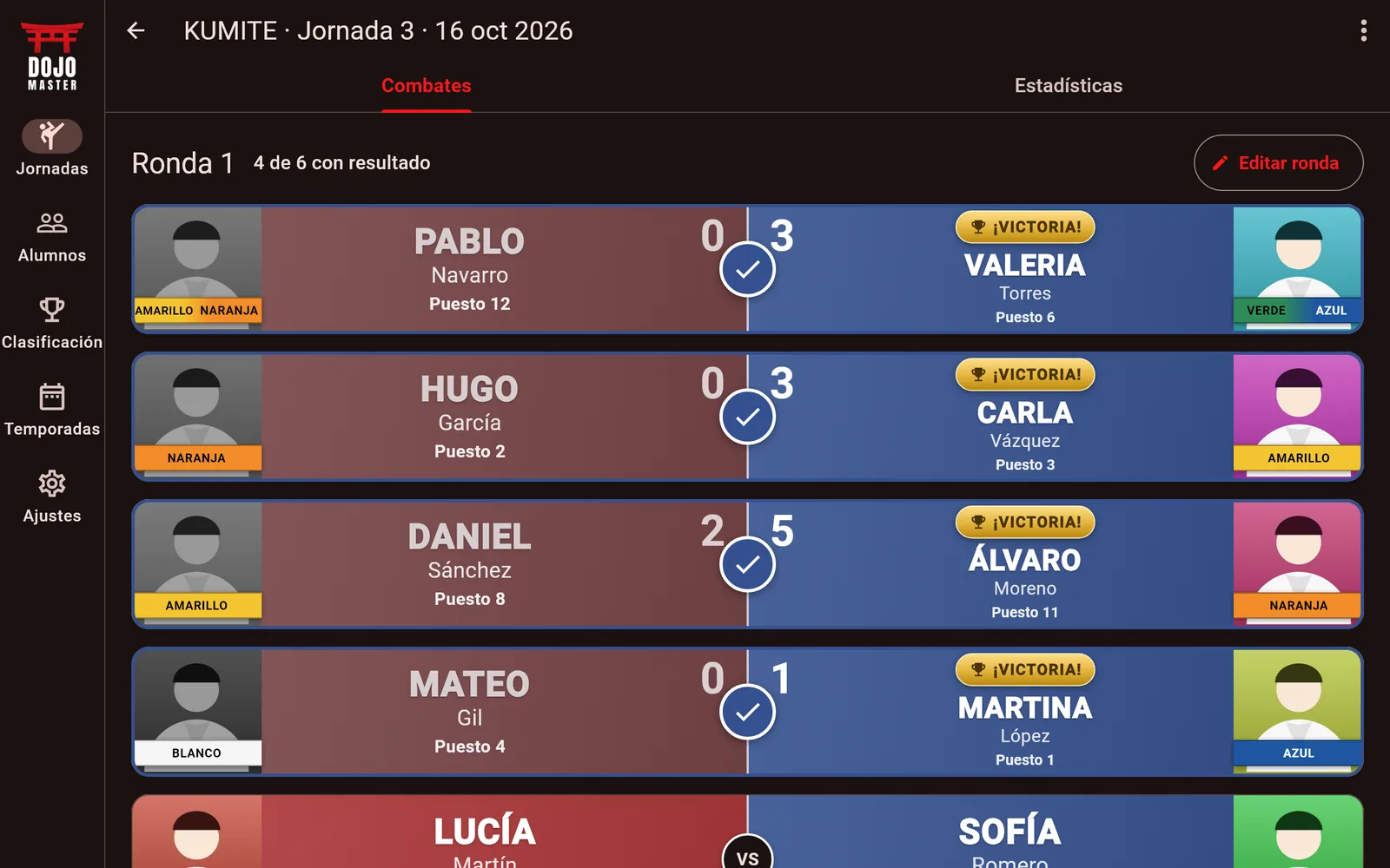 Combates de una jornada de kumite con el tema oscuro: marcadores y ganador de cada combate