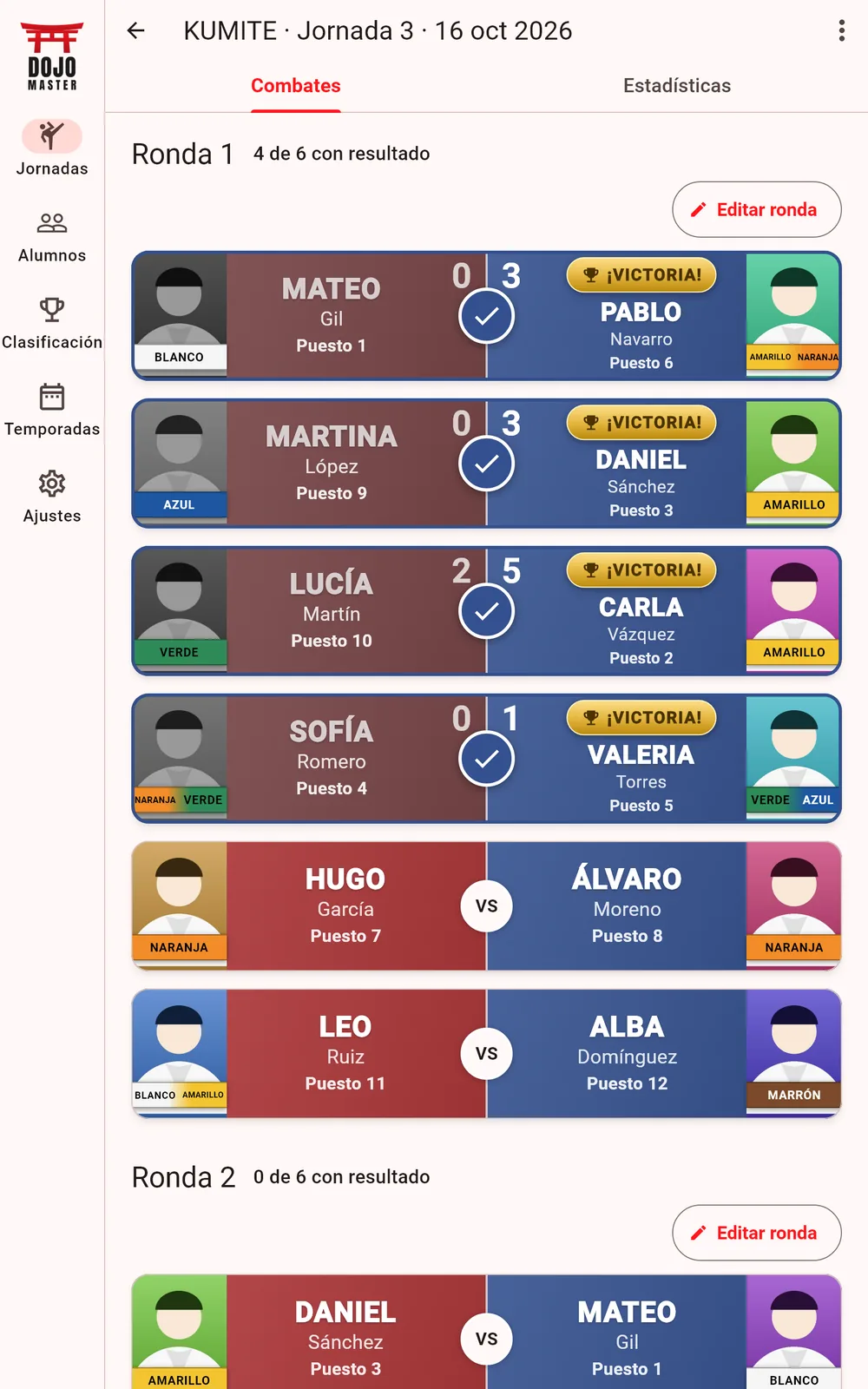 Combates de la jornada con la tablet en vertical